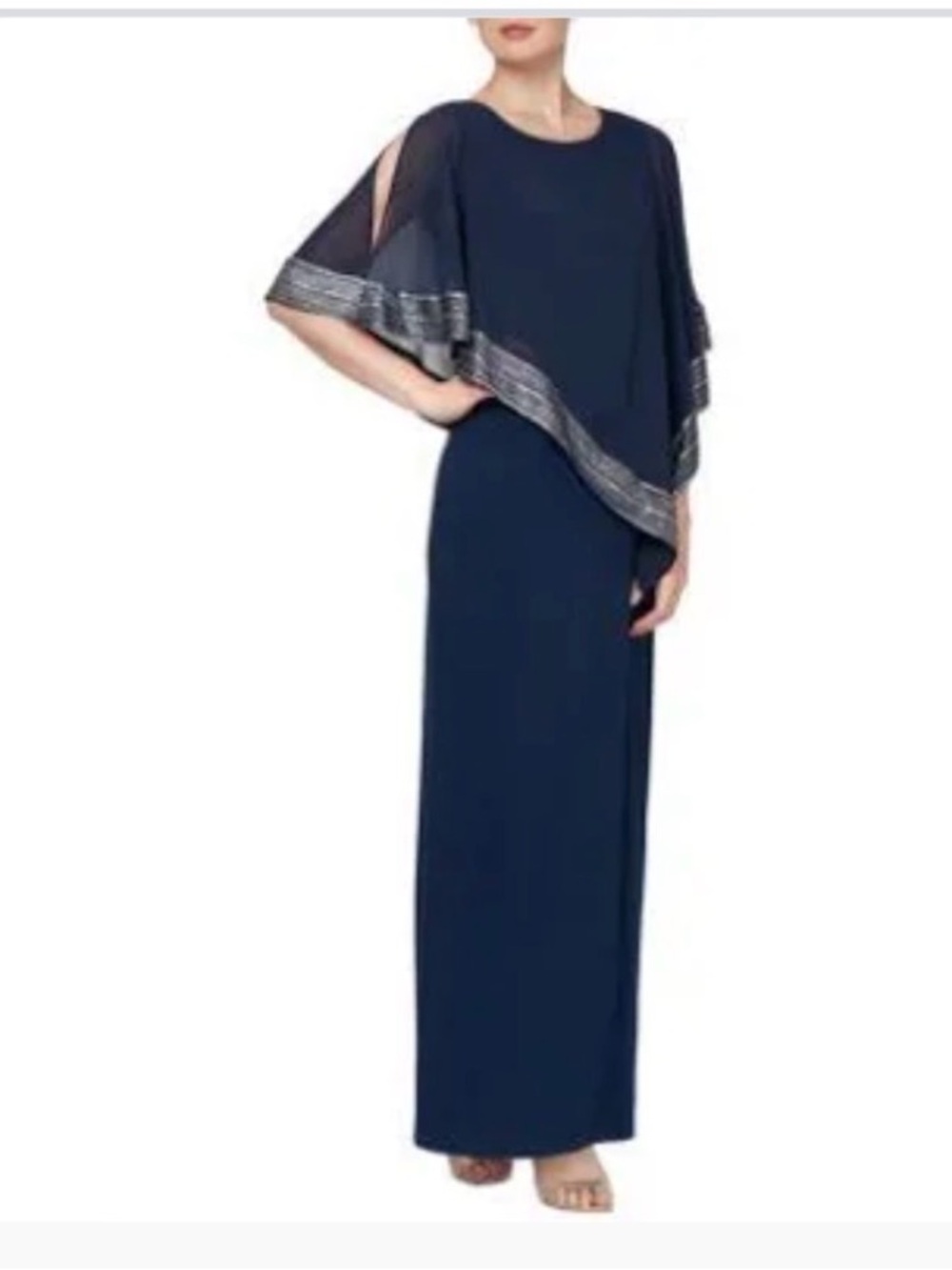 Navy Blue Embellished Cape Overlay Maxi Dress Formal Evening Gown‎ Plus Size 22W